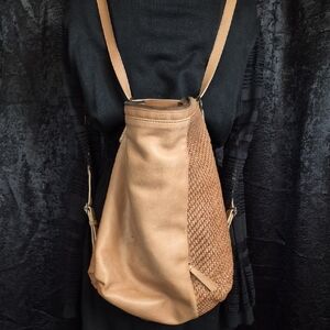 Buckskin Leather Woven Panel Tan Crossbody Backpack